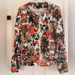 Baccini Floral Zip Bomber Jacket - White, Pink, Green, Brown